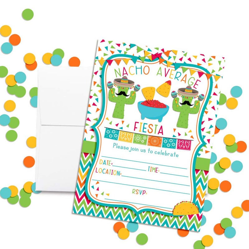 Amanda Creation Nacho Average Party Chips, Dip & Taco Themed Fiesta Birthday Party Invitations, 20 5x7 Fill In Cards with Twenty White Envelopes by AmandaCreation - Image 2